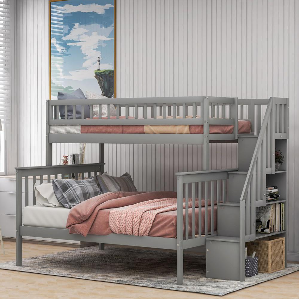 Gray Twin Over Full Farmhouse Style Bunk Bed with Staircase. Picture 7