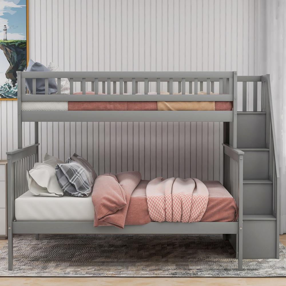 Gray Twin Over Full Farmhouse Style Bunk Bed with Staircase. Picture 8