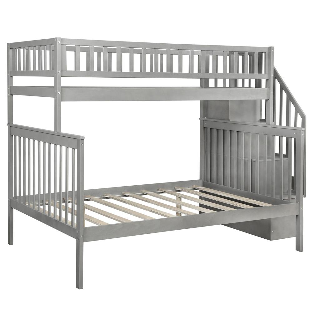 Gray Twin Over Full Farmhouse Style Bunk Bed with Staircase. Picture 1