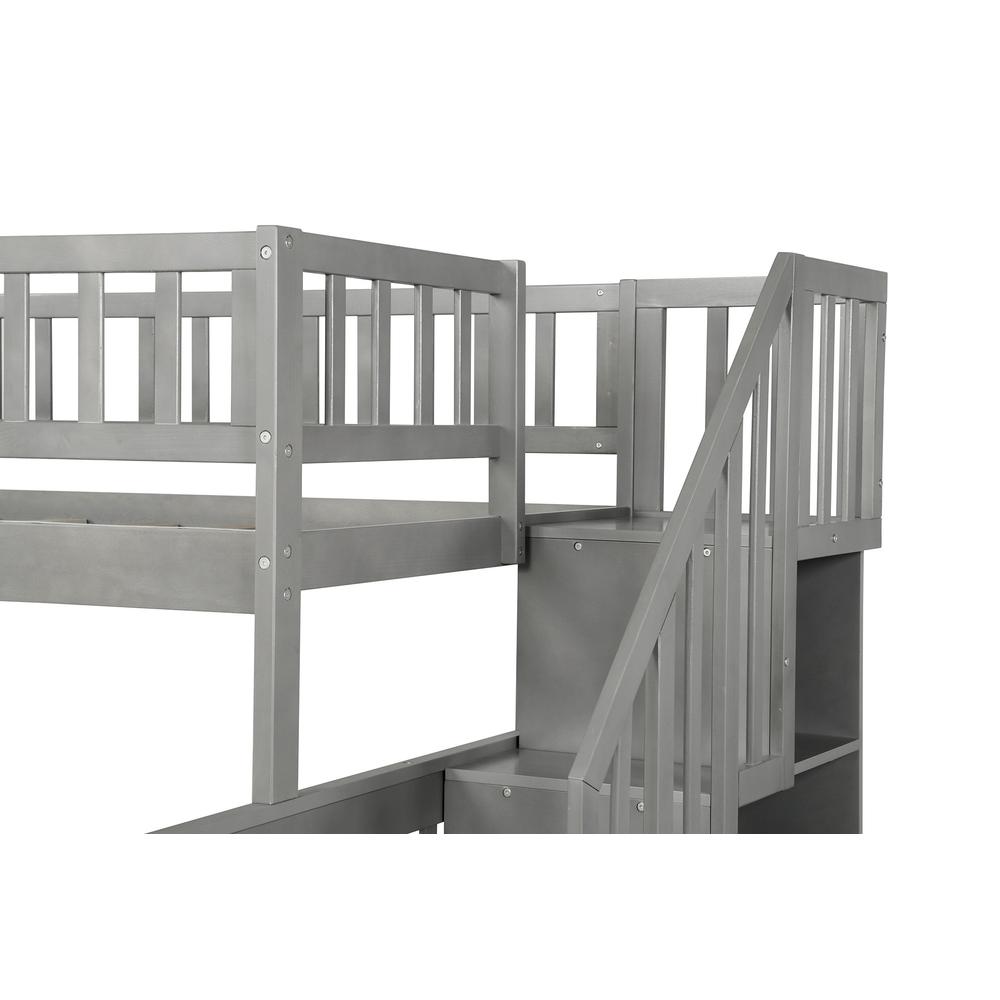Gray Twin Over Full Farmhouse Style Bunk Bed with Staircase. Picture 2