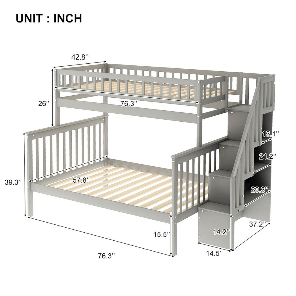 Gray Twin Over Full Farmhouse Style Bunk Bed with Staircase. Picture 9