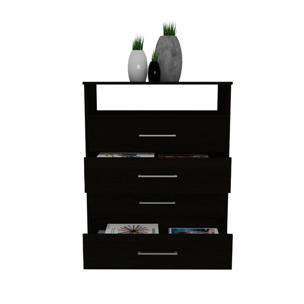 Modern Black Four Drawer Dresser with Hutch. Picture 1