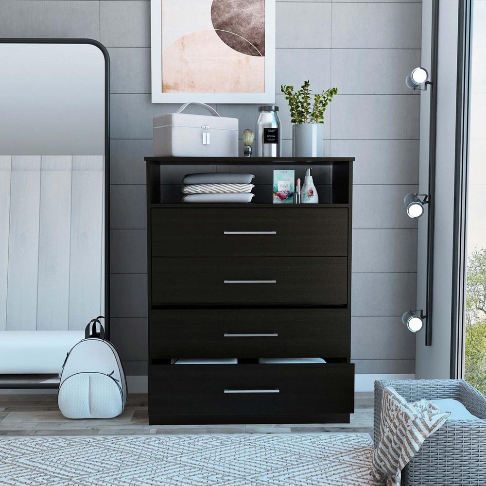 Modern Black Four Drawer Dresser with Hutch. Picture 5