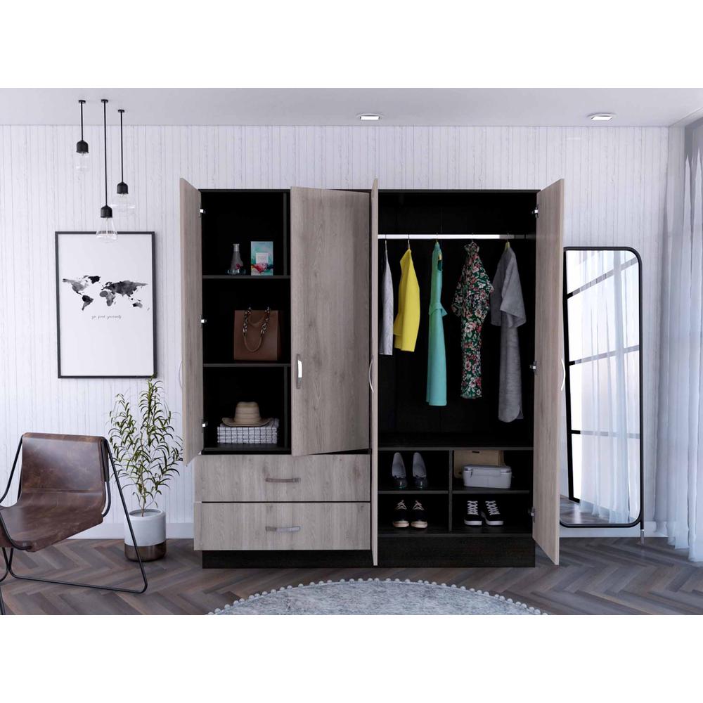 Light Oak and Black Four Door Wardrobe Closet with Mirrors. Picture 5