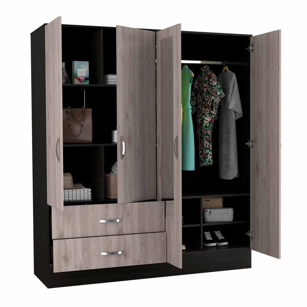 Light Oak and Black Four Door Wardrobe Closet with Mirrors. Picture 3