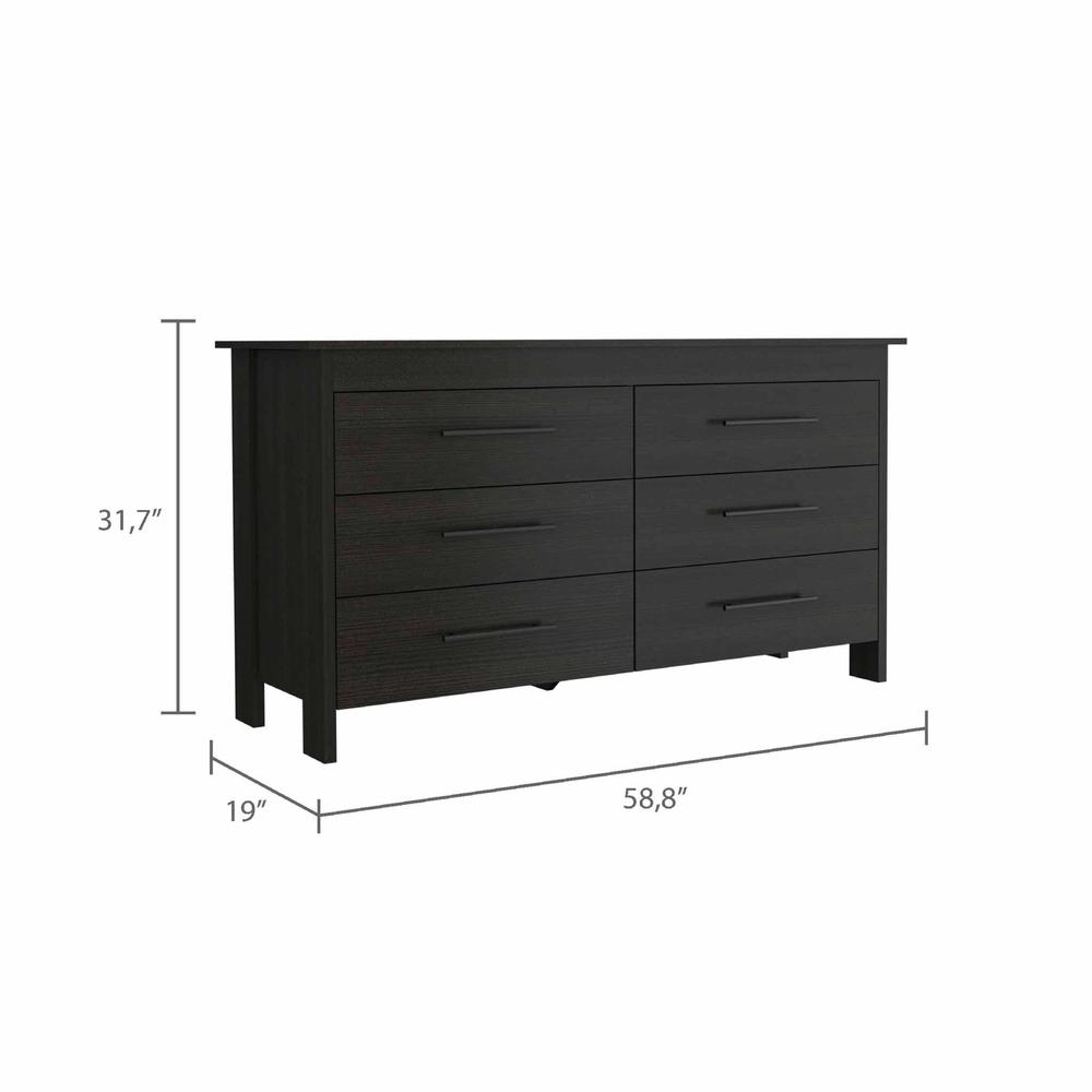 58" Black Six Drawer Double Dresser. Picture 4