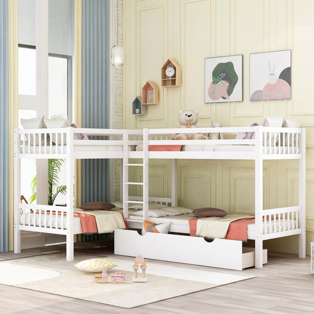 White Twin Size L Shaped Double Bunk Bed with Drawer. Picture 6