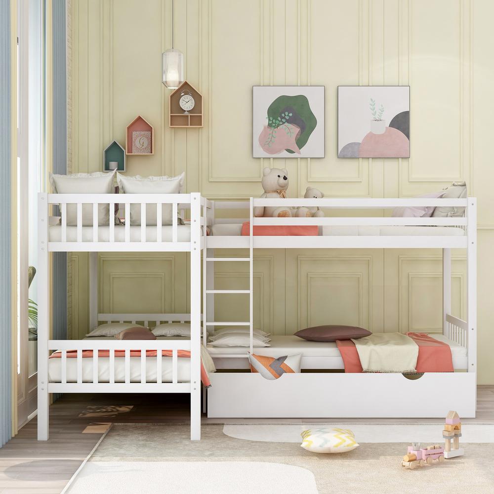 White Twin Size L Shaped Double Bunk Bed with Drawer. Picture 7