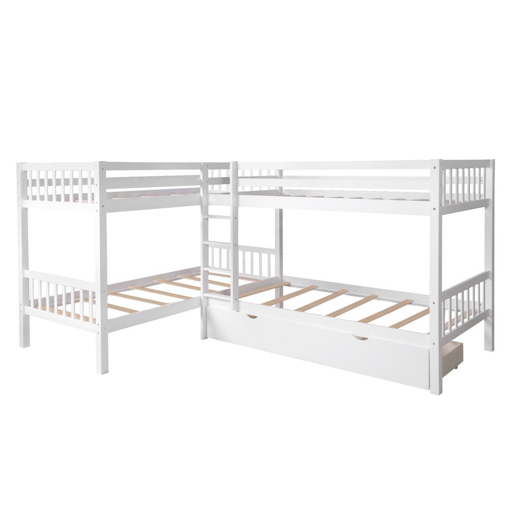 White Twin Size L Shaped Double Bunk Bed with Drawer. Picture 8