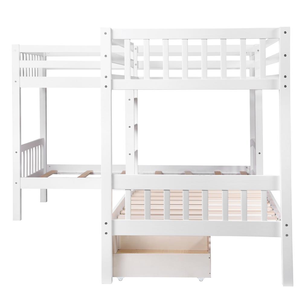 White Twin Size L Shaped Double Bunk Bed with Drawer. Picture 1