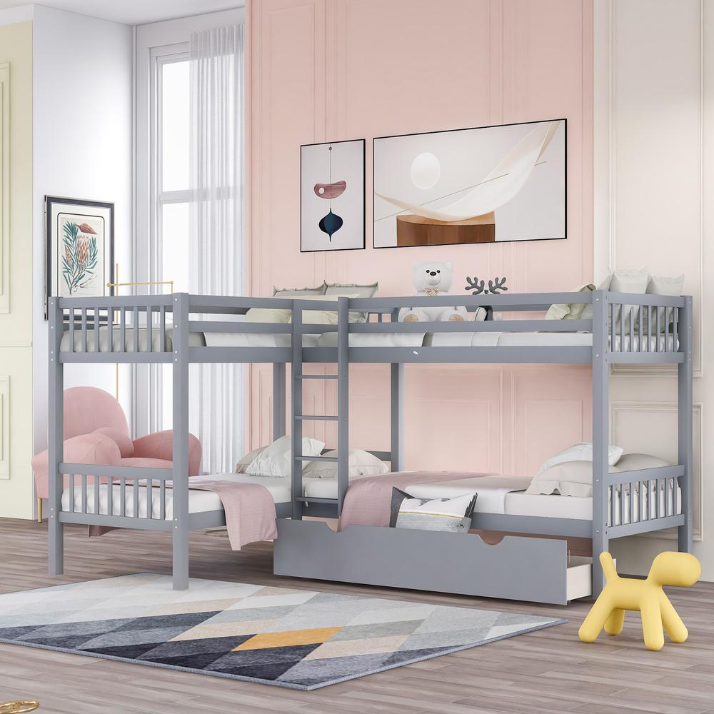 Gray Twin Size L Shaped Double Bunk Bed with Drawer. Picture 7