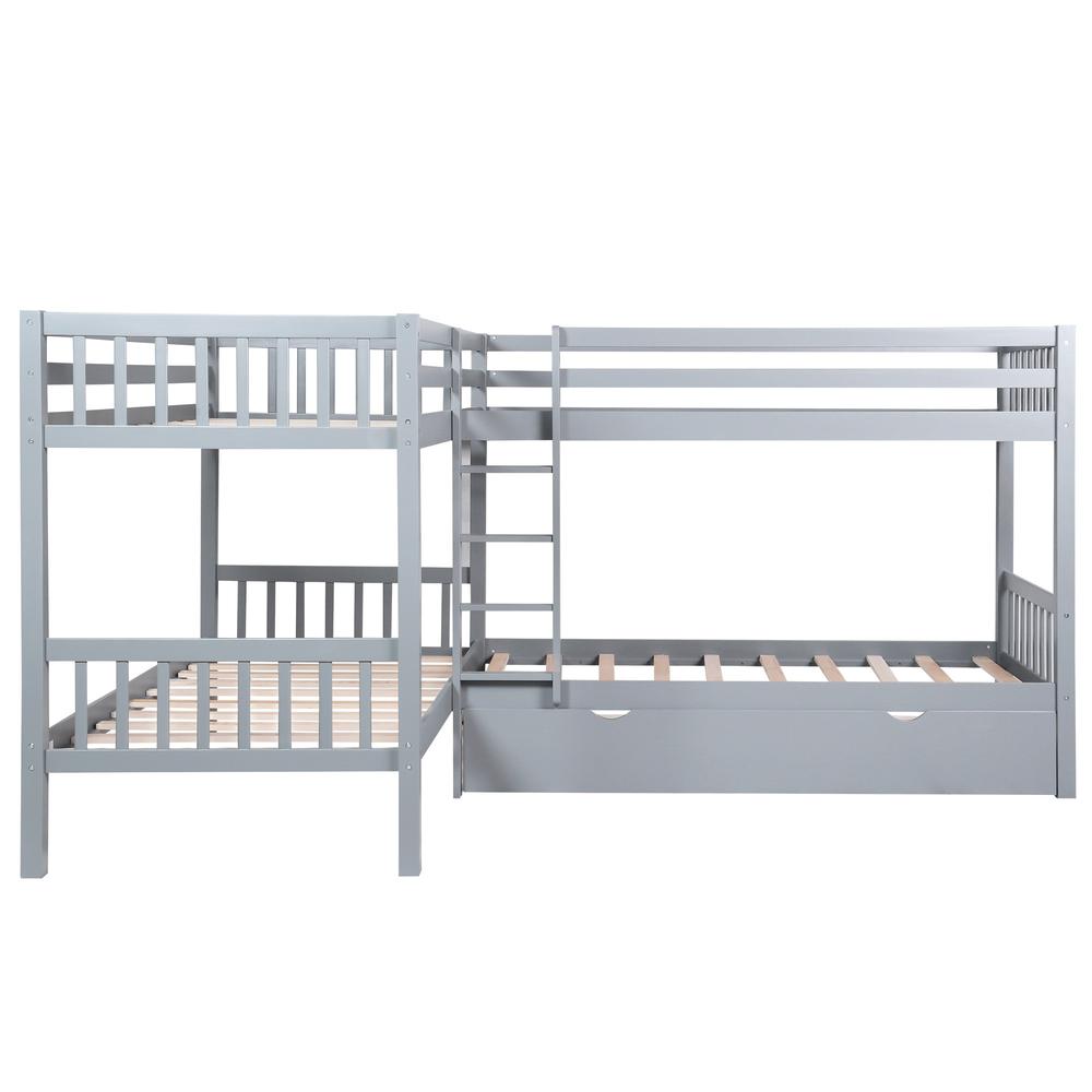 Gray Twin Size L Shaped Double Bunk Bed with Drawer. Picture 2