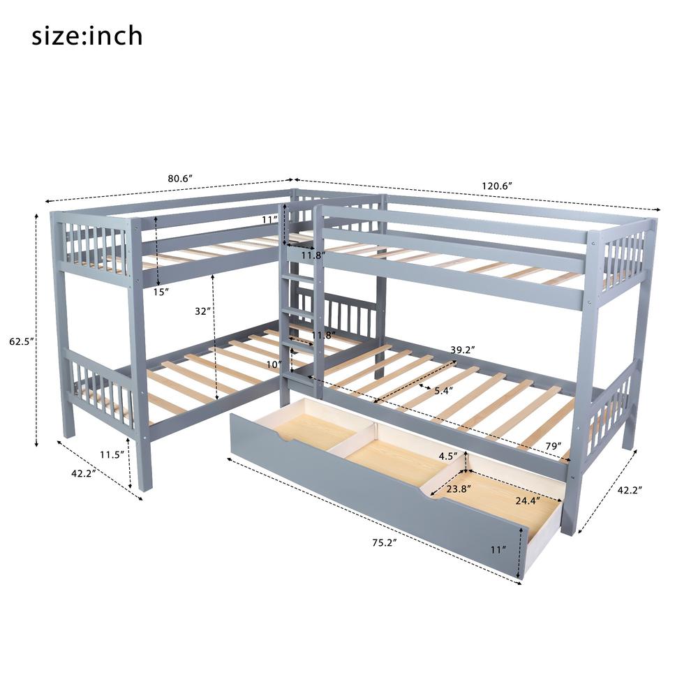 Gray Twin Size L Shaped Double Bunk Bed with Drawer. Picture 9