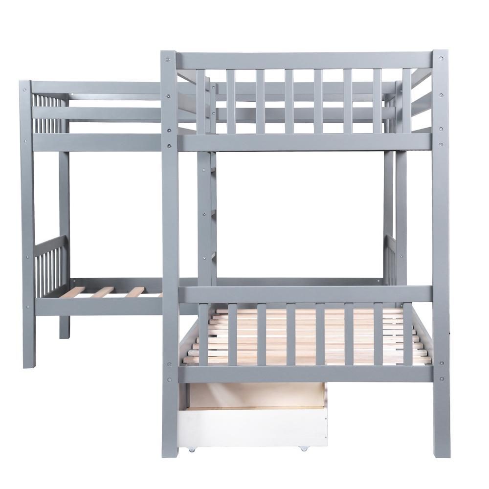 Gray Twin Size L Shaped Double Bunk Bed with Drawer. Picture 1