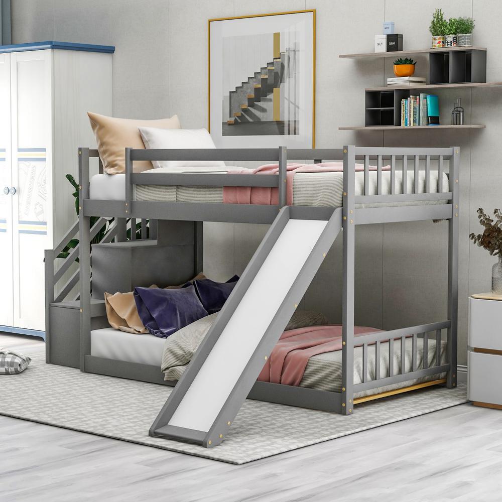 Gray Twin Over Twin Bunk Bed with Stairway and Slide. Picture 6