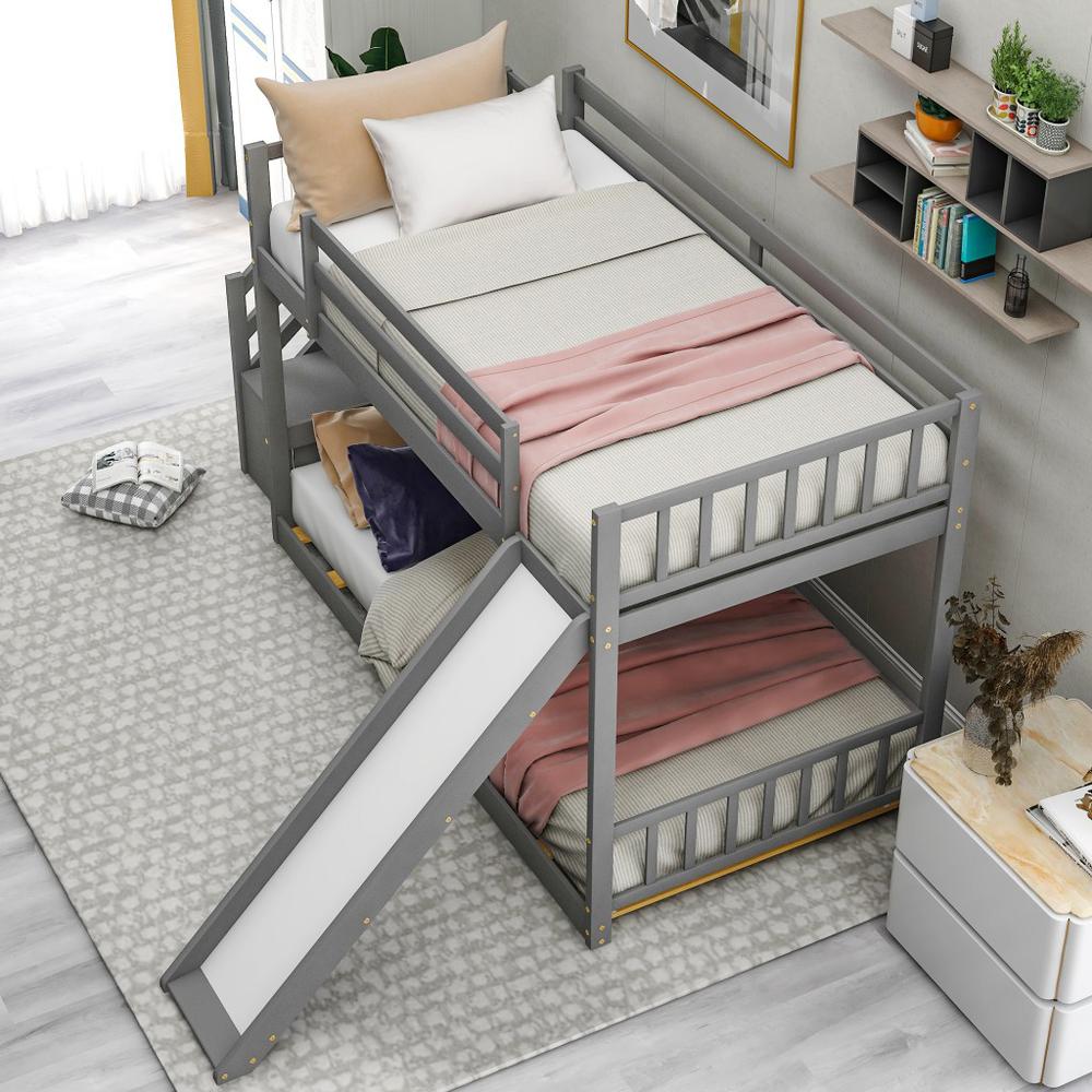 Gray Twin Over Twin Bunk Bed with Stairway and Slide. Picture 7