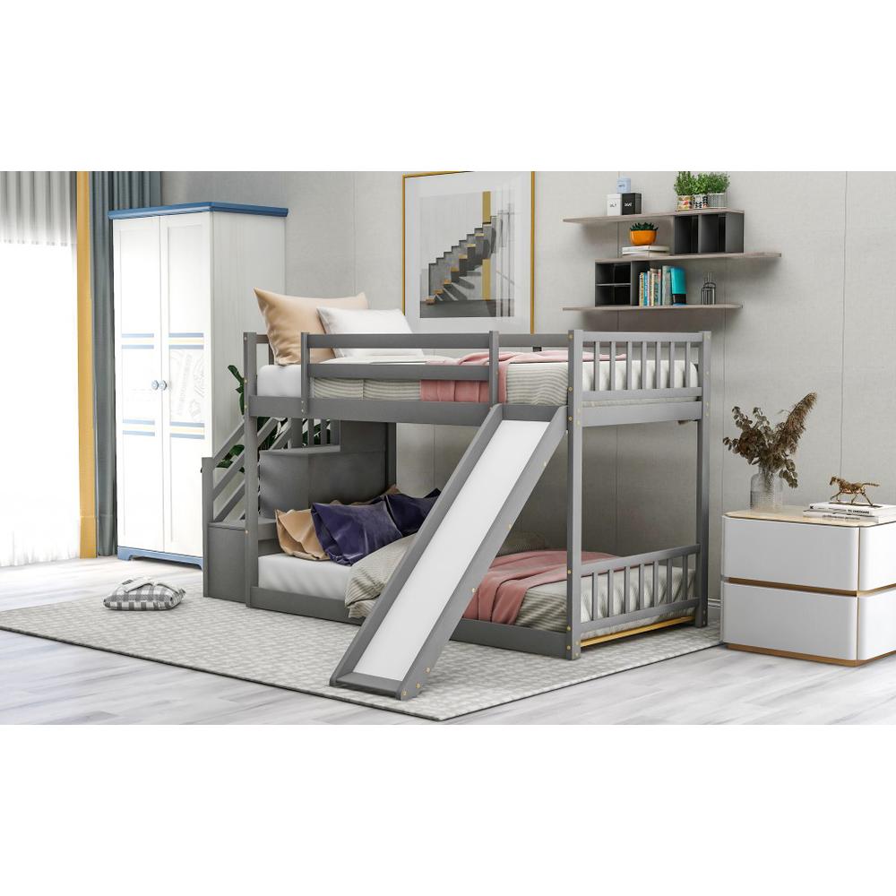 Gray Twin Over Twin Bunk Bed with Stairway and Slide. Picture 8