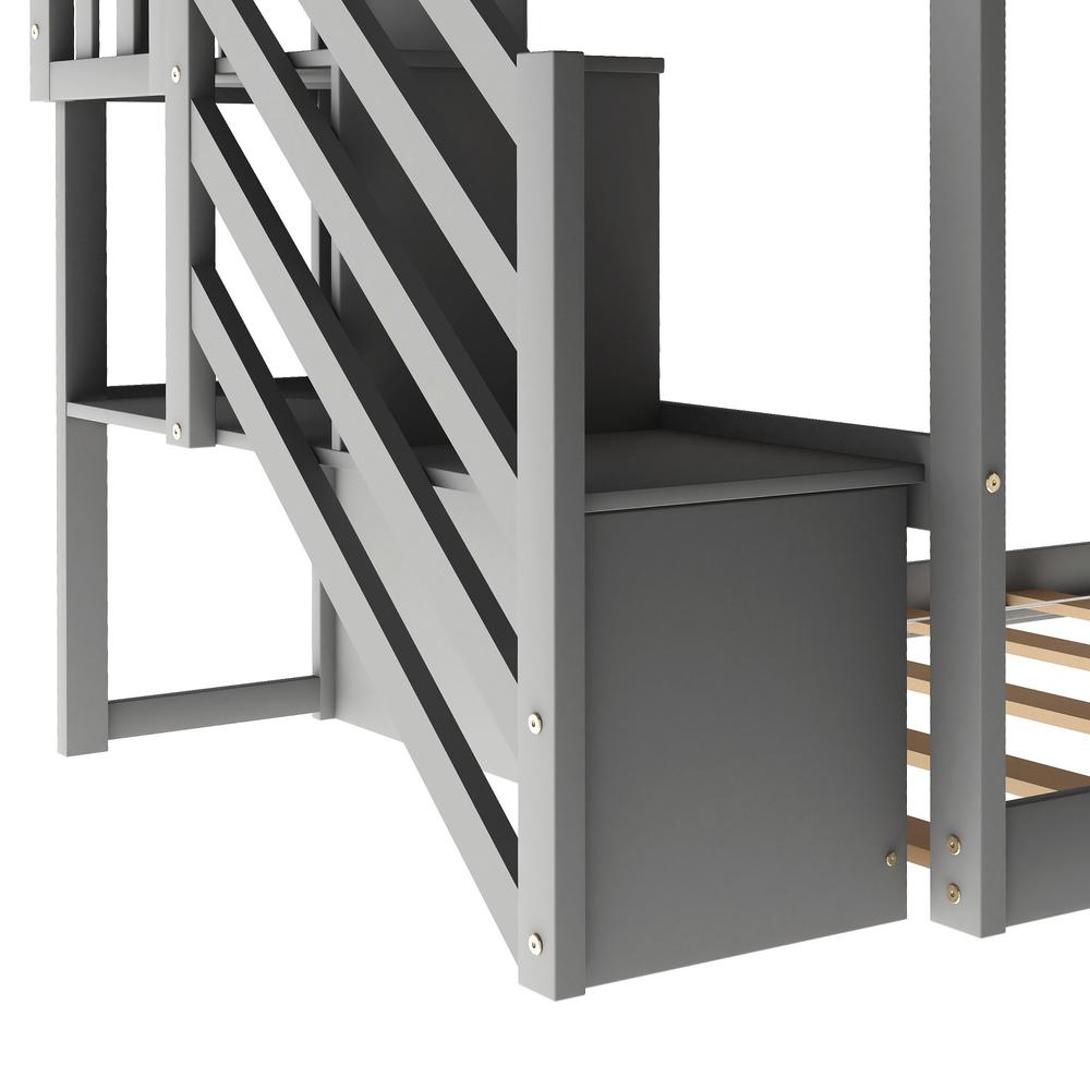 Gray Twin Over Twin Bunk Bed with Stairway and Slide. Picture 3