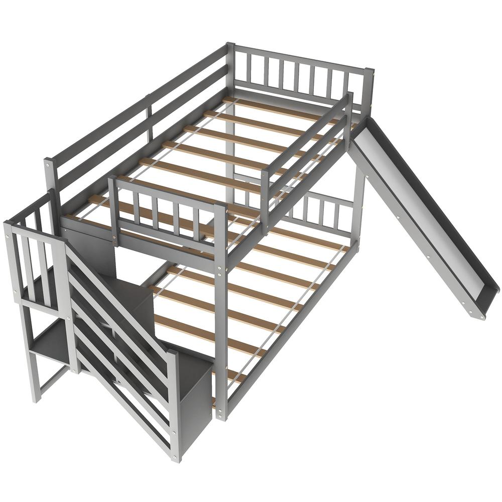 Gray Twin Over Twin Bunk Bed with Stairway and Slide. Picture 1
