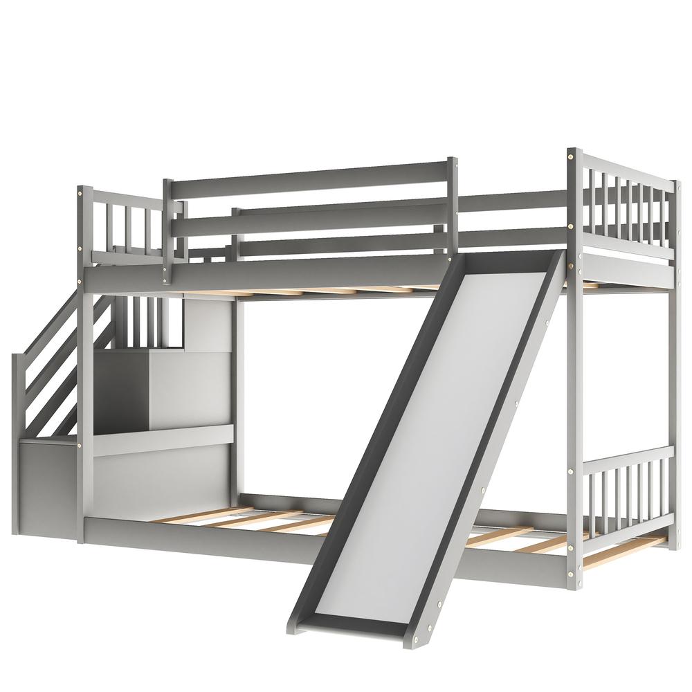 Gray Twin Over Twin Bunk Bed with Stairway and Slide. Picture 2