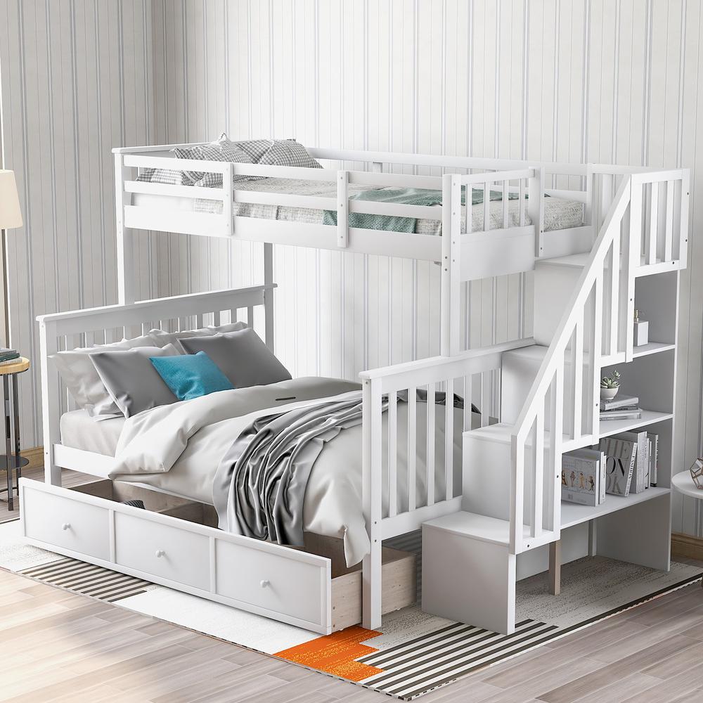 White Twin Over Full Contemporary Bunk Bed With Stairs And Shelves. Picture 9