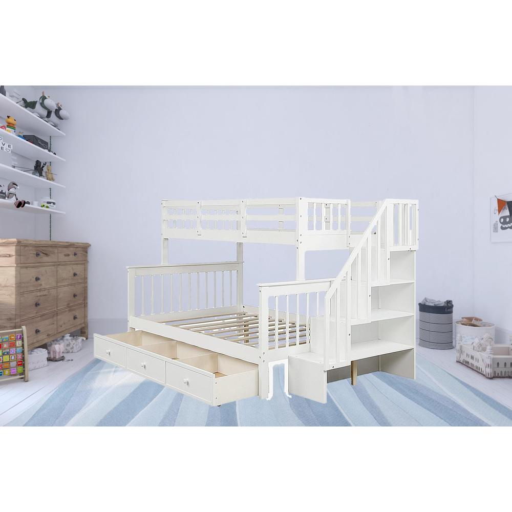 White Twin Over Full Contemporary Bunk Bed With Stairs And Shelves. Picture 3