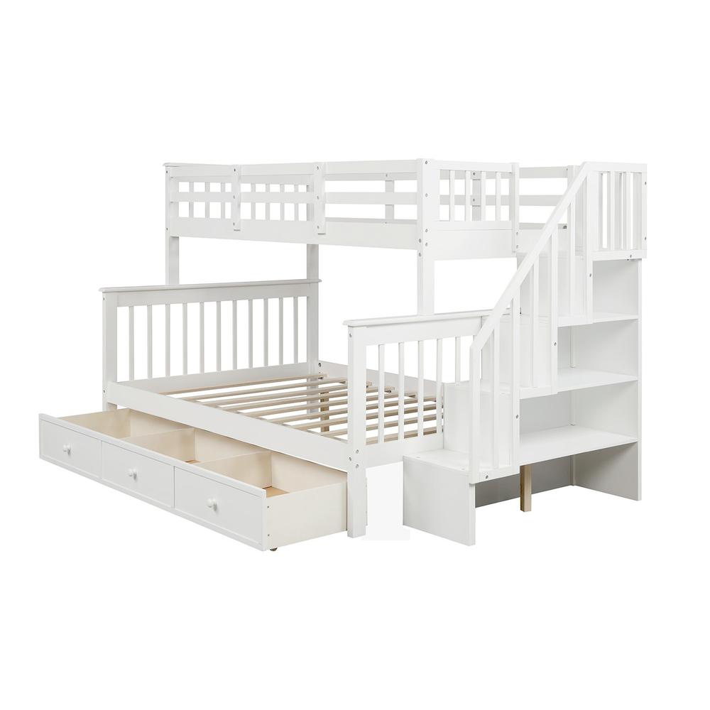 White Twin Over Full Contemporary Bunk Bed With Stairs And Shelves. Picture 1