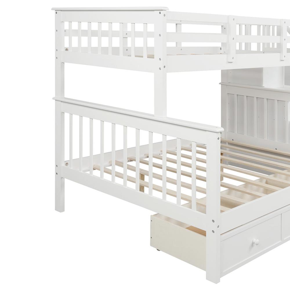 White Twin Over Full Contemporary Bunk Bed With Stairs And Shelves. Picture 4