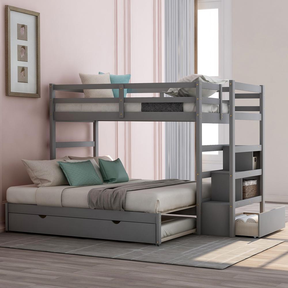 Gray Twin Over Twin Contemporary Bunk Bed With Stairs. Picture 6