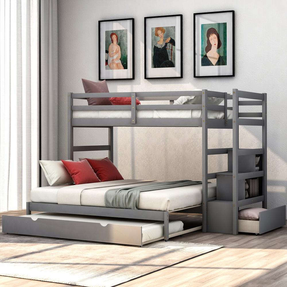 Gray Twin Over Twin Contemporary Bunk Bed With Stairs. Picture 7
