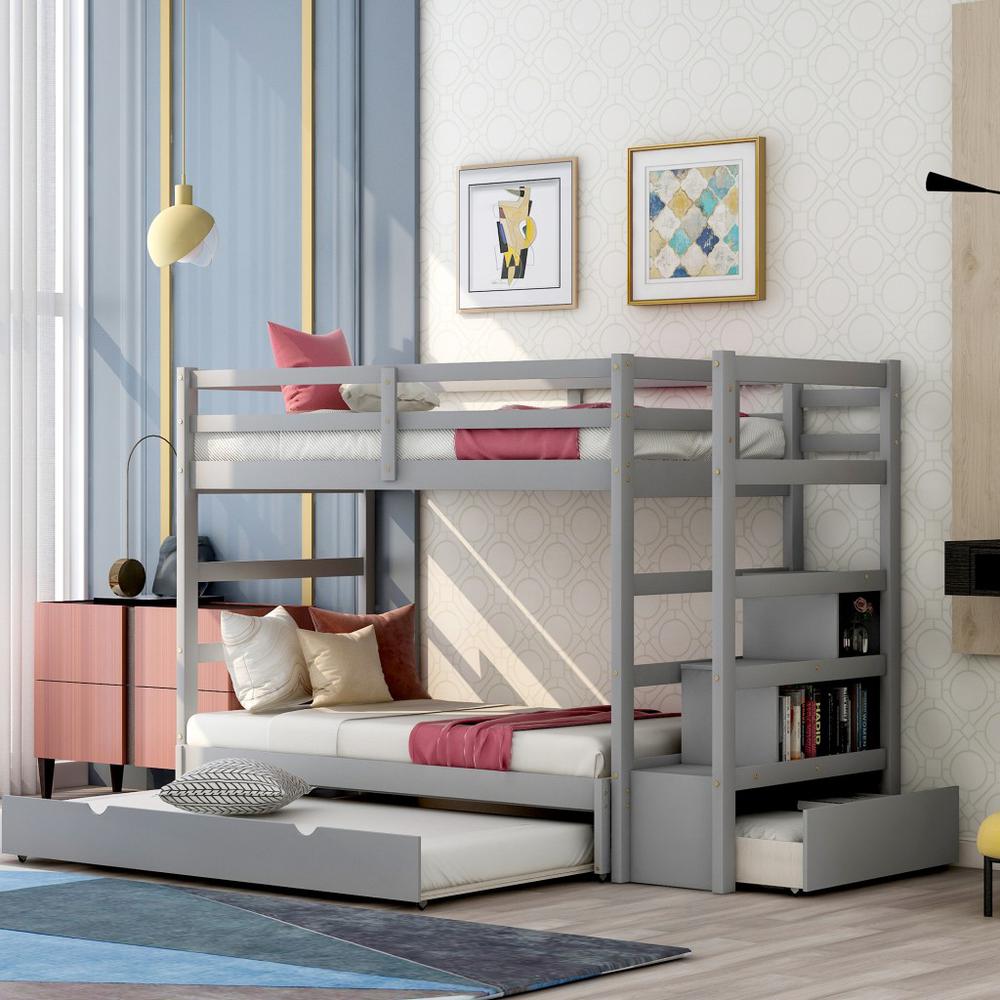 Gray Twin Over Twin Contemporary Bunk Bed With Stairs. Picture 8