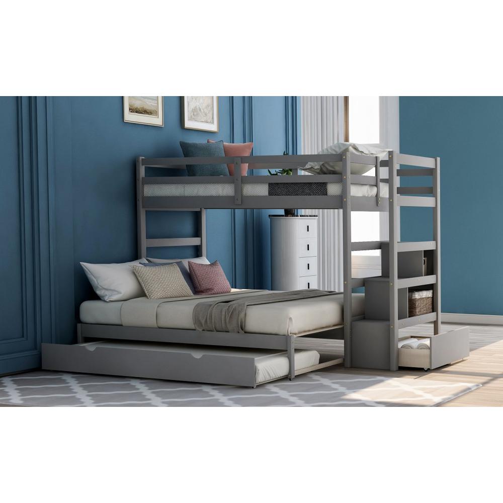 Gray Twin Over Twin Contemporary Bunk Bed With Stairs. Picture 9