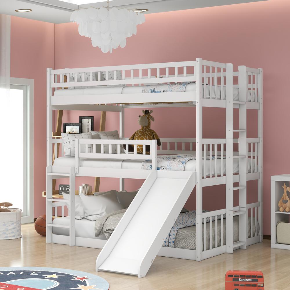 White Full Over Full Over Full Contemporary Bunk Bed With Slide. Picture 4