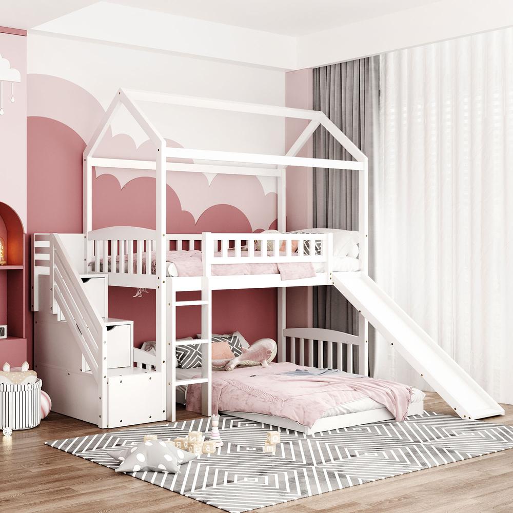 White Twin Over Twin PlayHouse Perpendicular Bunk Bed with Slide. Picture 2