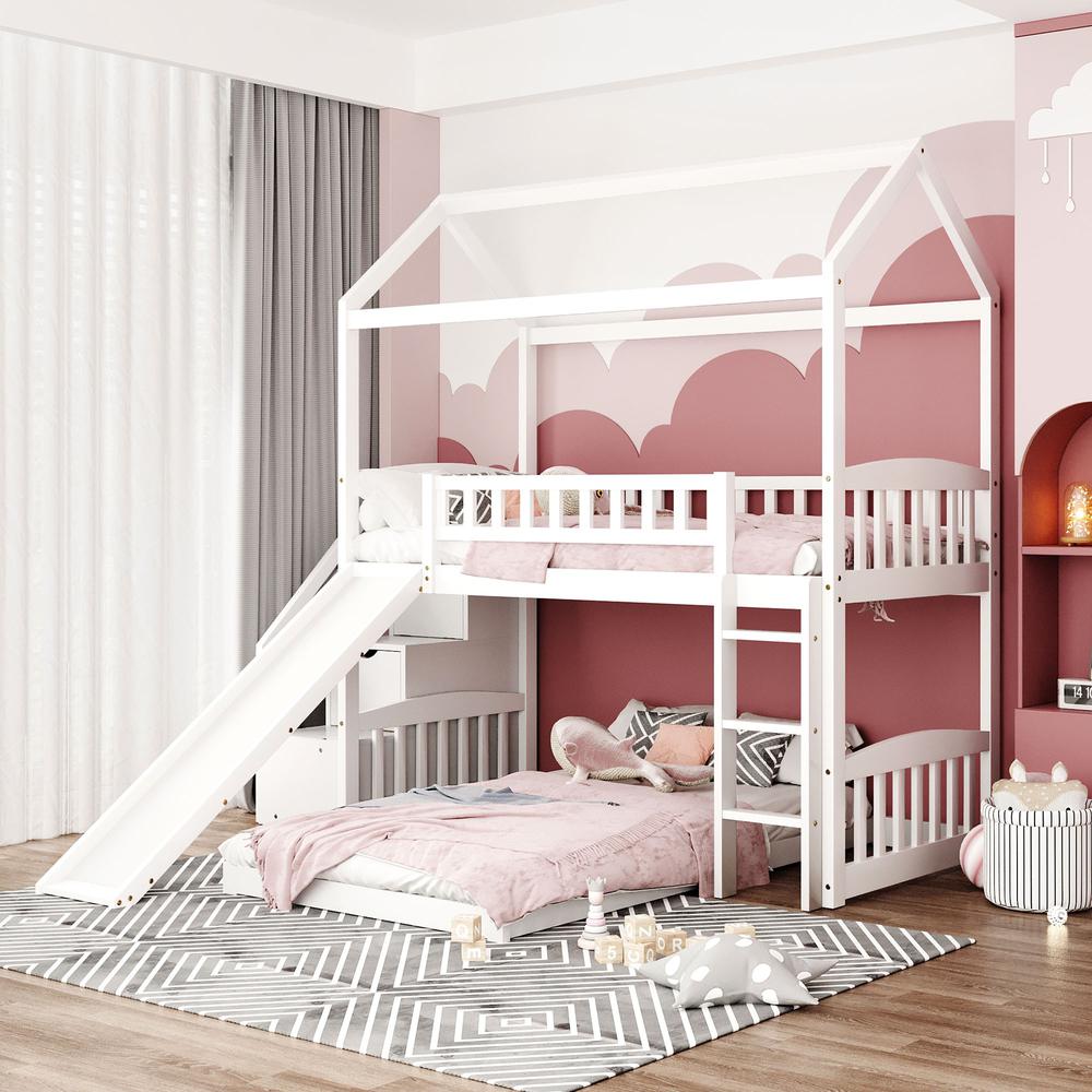 White Twin Over Twin PlayHouse Perpendicular Bunk Bed with Slide. Picture 3