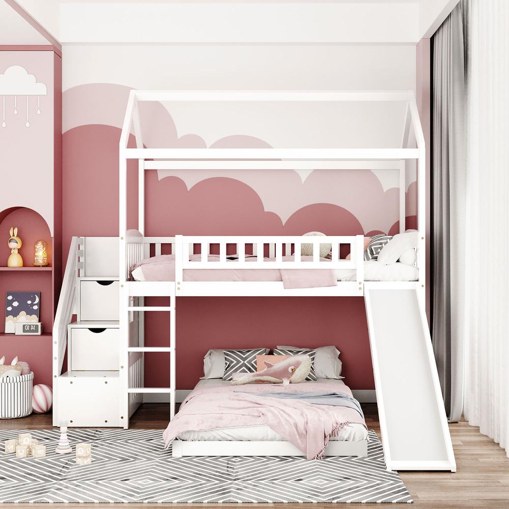 White Twin Over Twin PlayHouse Perpendicular Bunk Bed with Slide. Picture 4