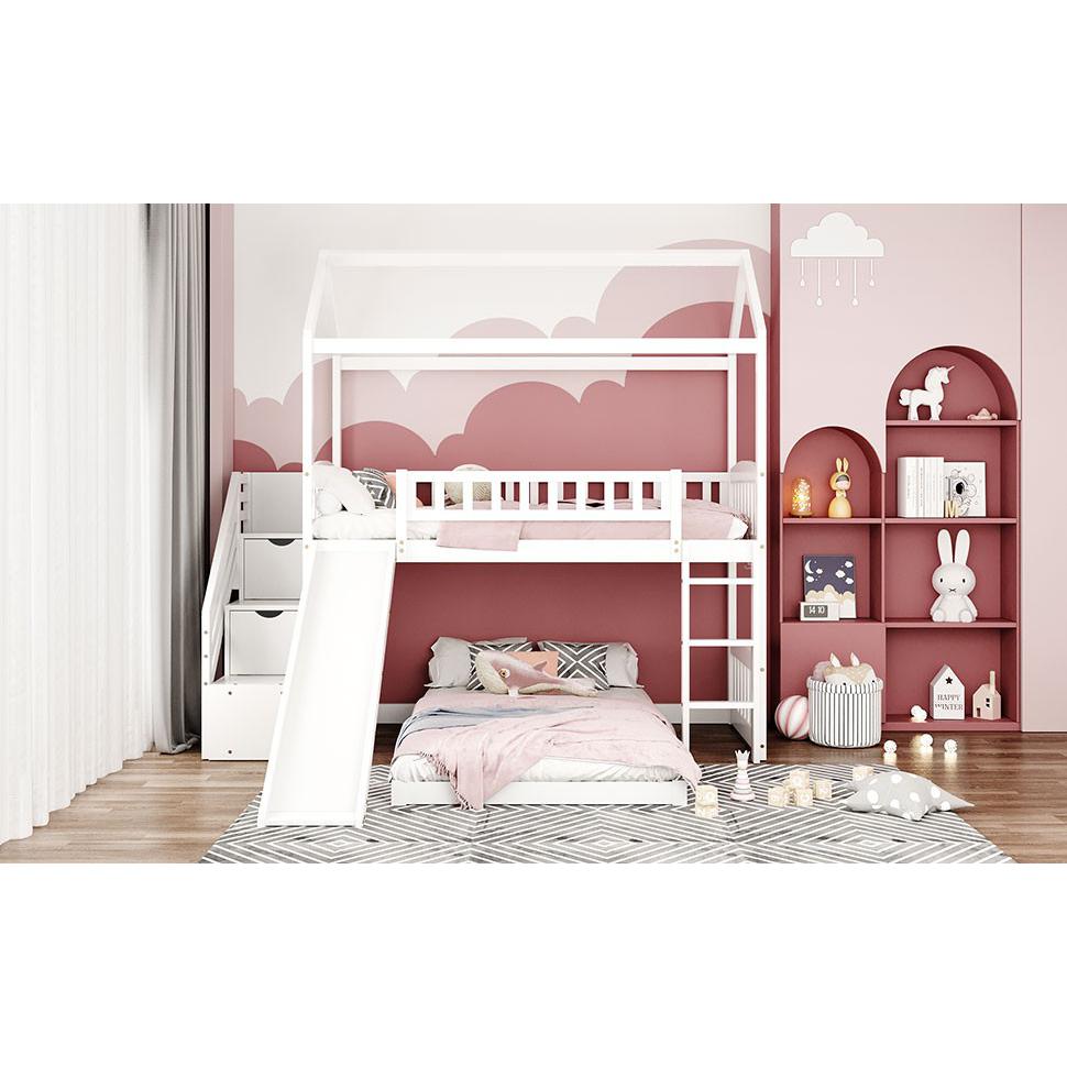 White Twin Over Twin PlayHouse Perpendicular Bunk Bed with Slide. Picture 5