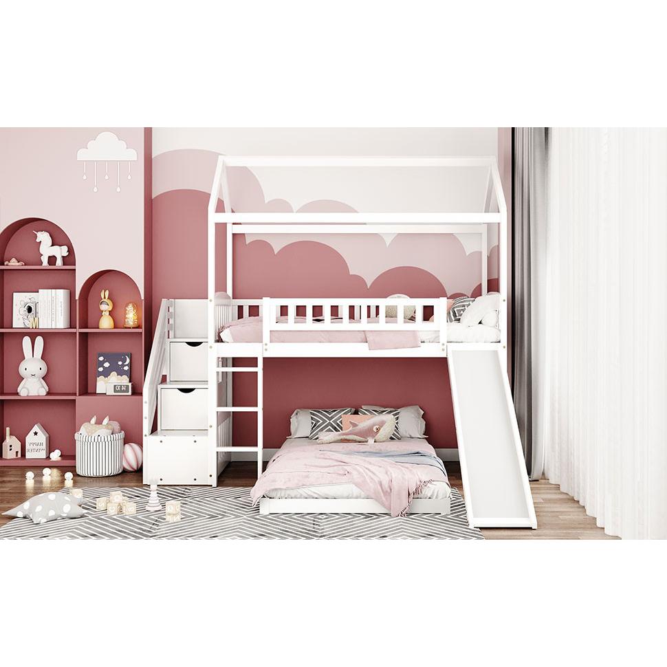 White Twin Over Twin PlayHouse Perpendicular Bunk Bed with Slide. Picture 7