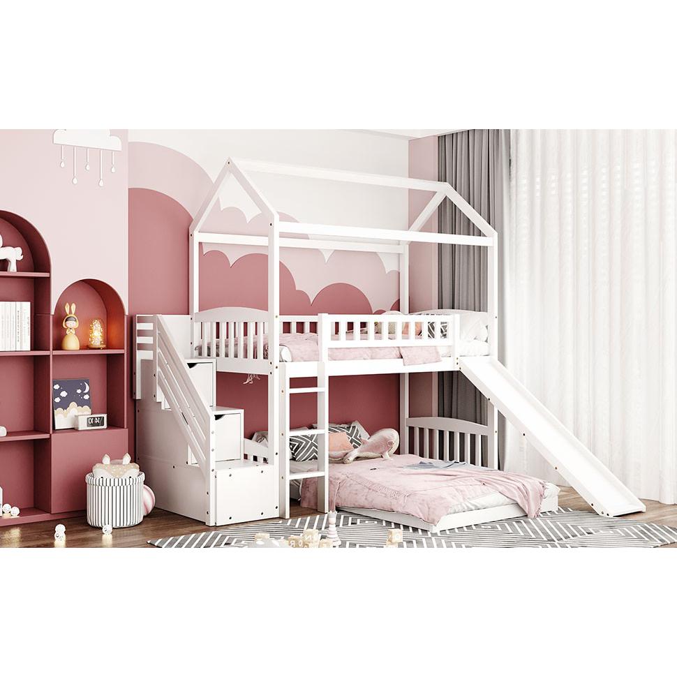 White Twin Over Twin PlayHouse Perpendicular Bunk Bed with Slide. Picture 8