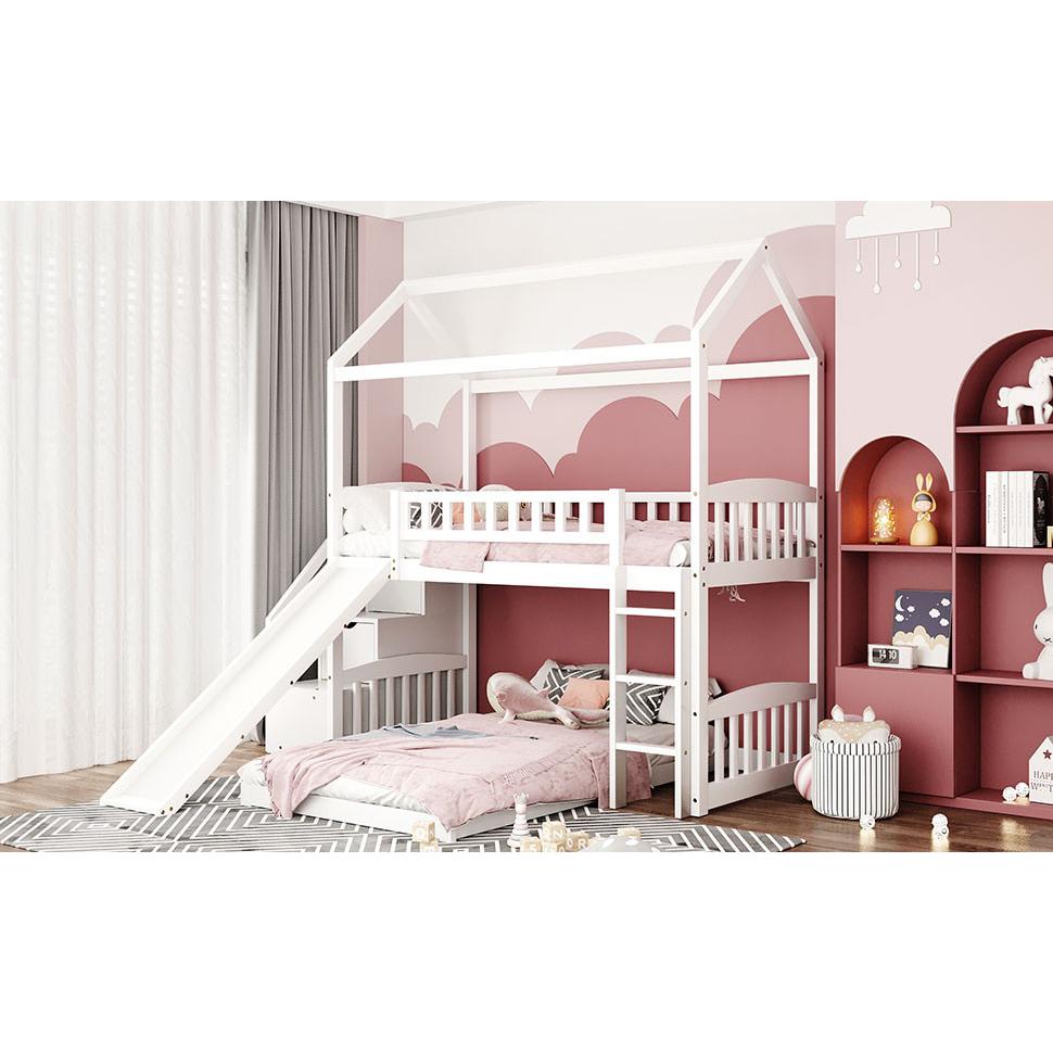 White Twin Over Twin PlayHouse Perpendicular Bunk Bed with Slide. Picture 9