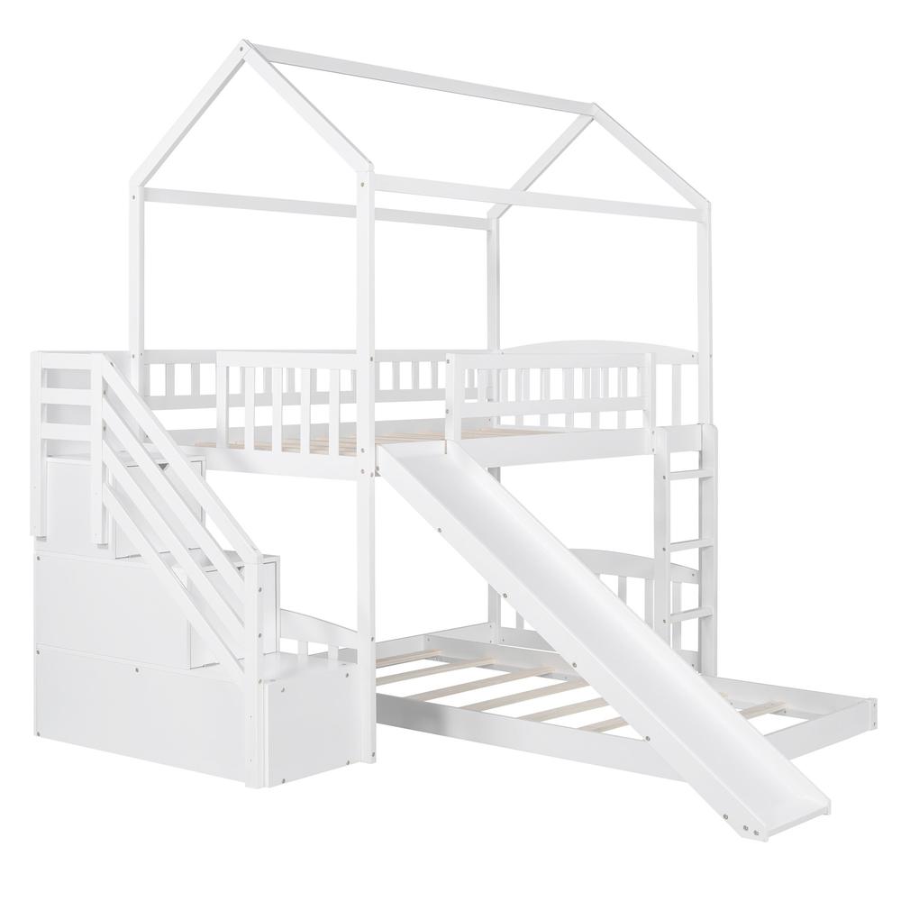 White Twin Over Twin PlayHouse Perpendicular Bunk Bed with Slide. Picture 1