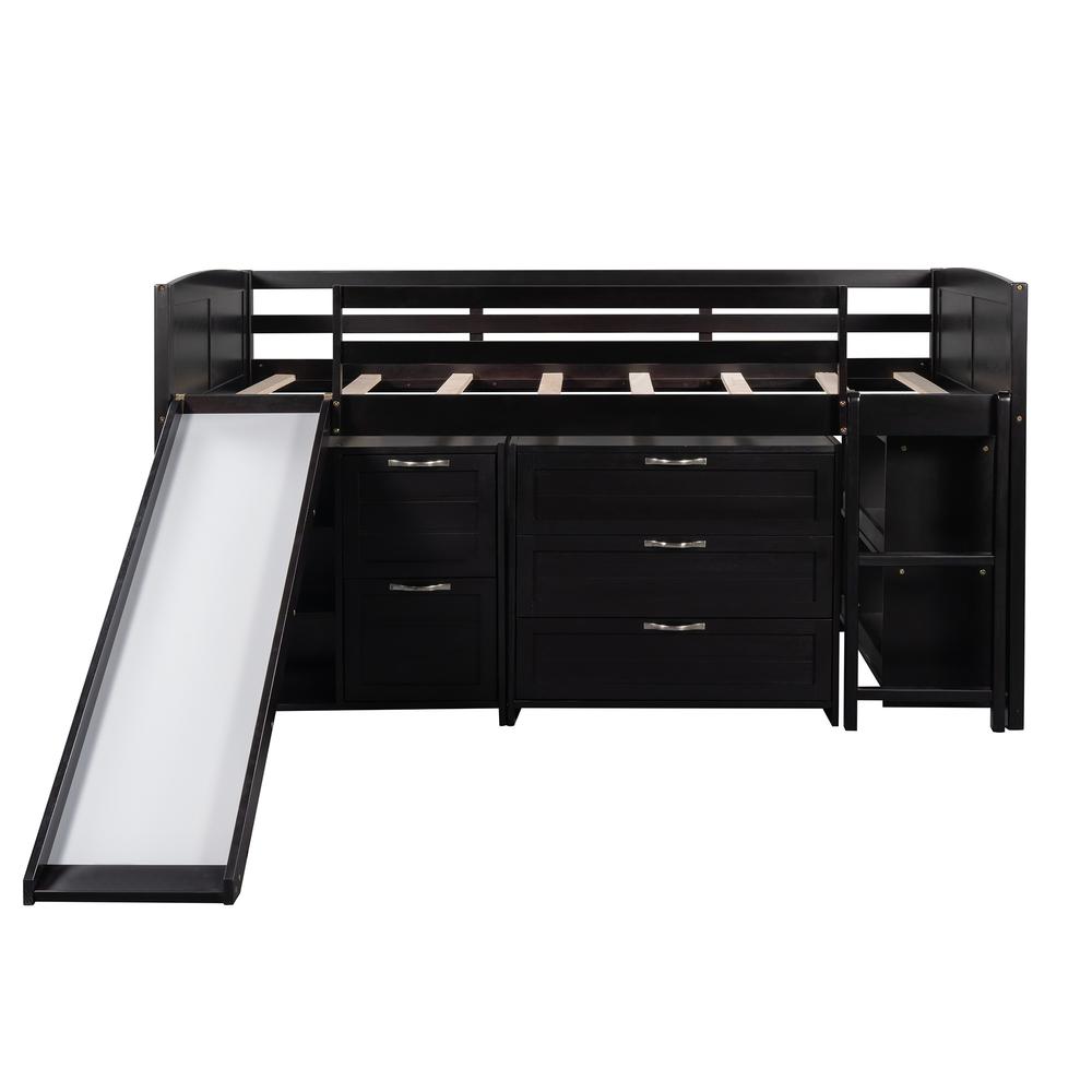Brown Twin Size Low Loft Bed With Cabinets and Slide. Picture 4