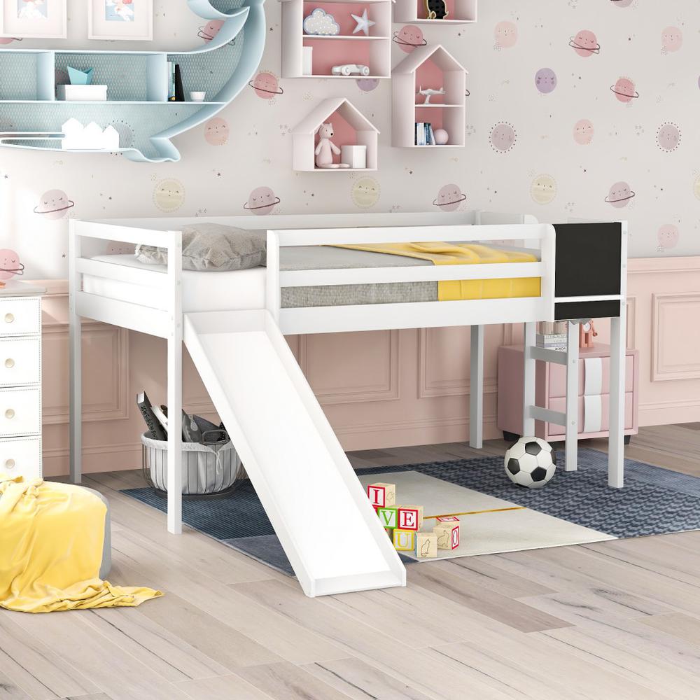 White Twin Loft Bed Bed Chalkboard and Slide. Picture 9