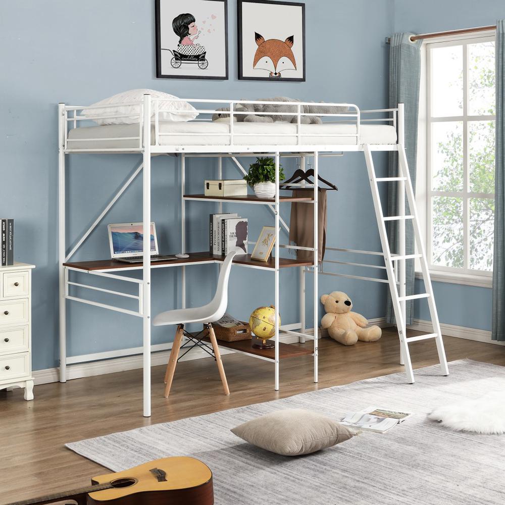 White Twin Size Metal Loft Bed With Desk and Shelves. Picture 6