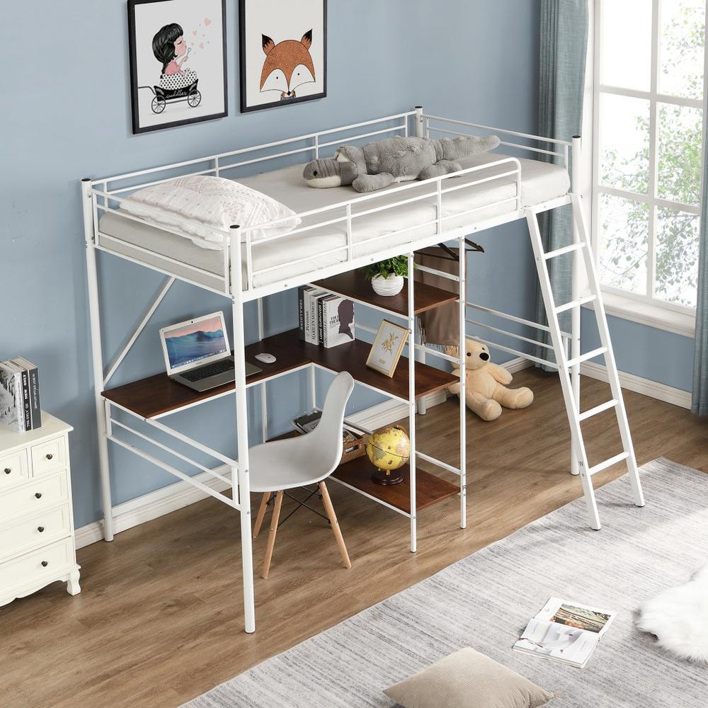 White Twin Size Metal Loft Bed With Desk and Shelves. Picture 7
