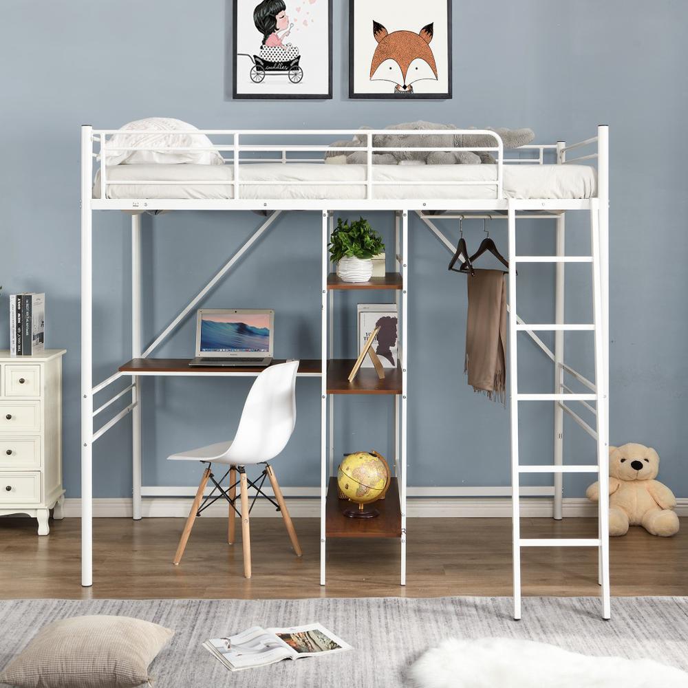 White Twin Size Metal Loft Bed With Desk and Shelves. Picture 8