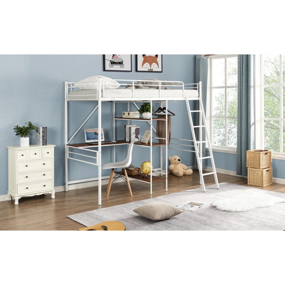 White Twin Size Metal Loft Bed With Desk and Shelves. Picture 9