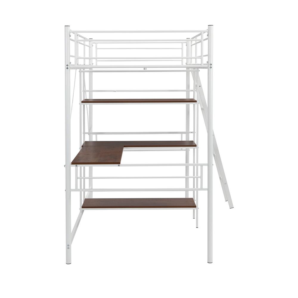 White Twin Size Metal Loft Bed With Desk and Shelves. Picture 4