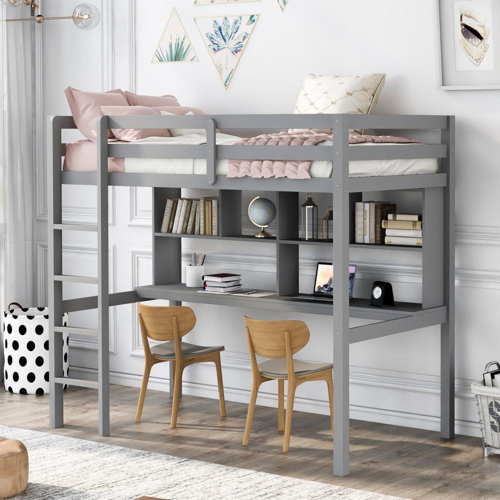 Gray Twin Loft Bed With Desk and Shelves. Picture 7