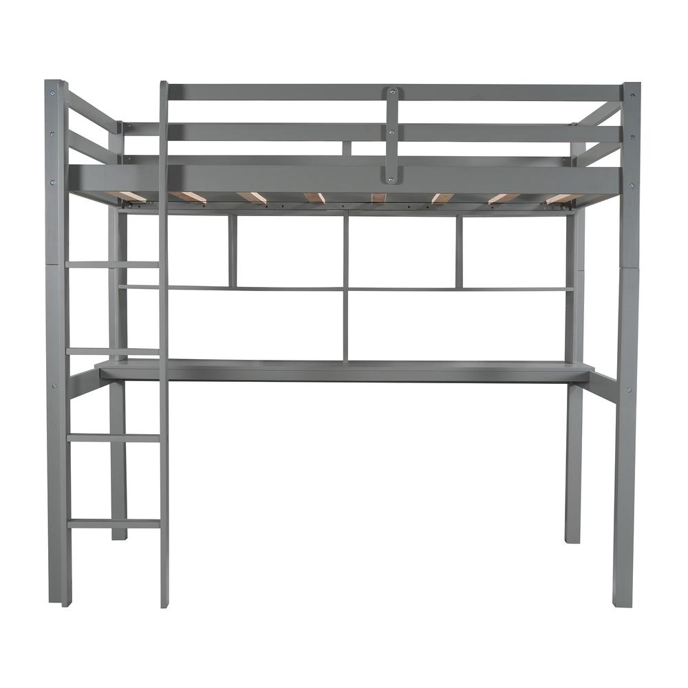 Gray Twin Loft Bed With Desk and Shelves. Picture 1